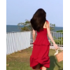 沙滩裙女超仙三亚旅游衣服小个子海边度假长裙红色吊带连衣裙子夏